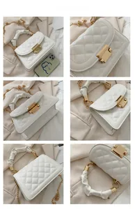 Detail shots of white quilted small square bag with gold chain and metal buckle closure