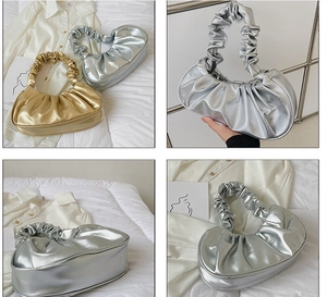 Detailed views of gold and silver pleated dumpling bags with metallic finish handles