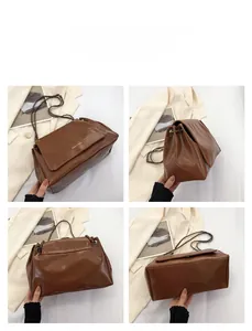 Multiple views of a brown leather shoulder bag with chain strap and fashion text