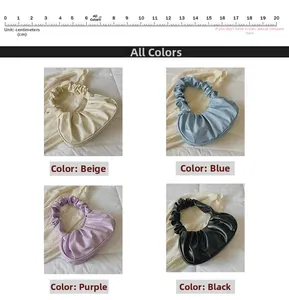 Detailed size reference and color options for the pleated cloud shoulder bag in four colors