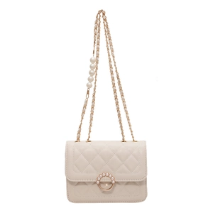 Elegant off-white quilted crossbody bag with pearl chain strap and pearl buckle decoration