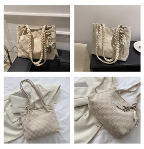 Detail view of beige woven checkerboard tote bag with rope handles and decorative silk scarf