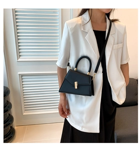 Detail of a structured black crossbody bag with gold metallic clasp and top handle