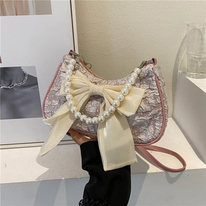 Borsa Sottobraccio Da Donna In Tessuto Pieghettato Borsa A Tracolla Con Grande Fiocco E Manico In Künstliche Perle Artificiali