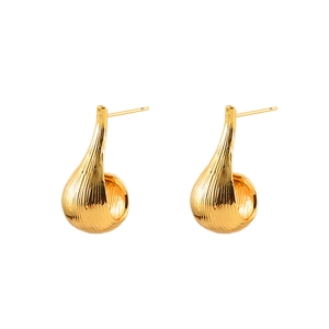 Minimalist gold teardrop stud earrings with textured vertical brushed metal finish