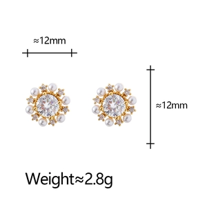 Elegant 12mm sunflower stud earrings with cubic zirconia and mini pearls on gold base