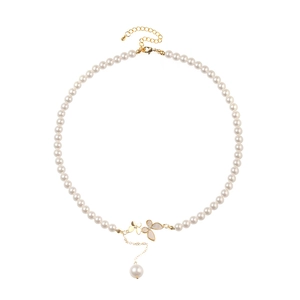 Elegant pearl necklace featuring a golden butterfly pendant and shell inlay for women