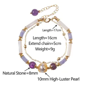 Double-layer bamboo style bracelet with purple natural stones and a white pearl charm