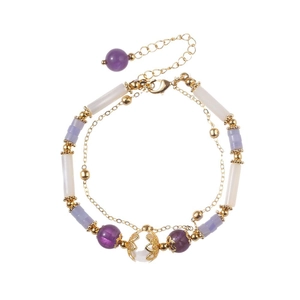 Bamboo style natural amethyst stone bracelet with double layer gold chain for women
