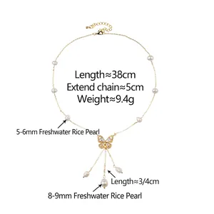 Elegant gold butterfly necklace with freshwater pearls and zircon pendant detail