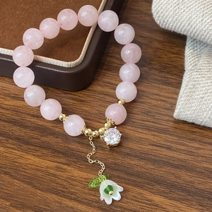 Rose Quartz Beaded Bracelet For Women With 14K Gold Plated Copper Lily Of The Valley Flower Pendant Round Zircon Elegant