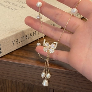 Butterfly Pendant Necklace With Freshwater Pearl Tassel Copper 18K Gold Plated Zircon Elegant Jewelry For Women