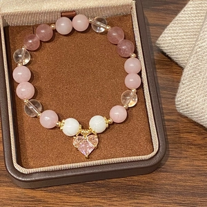 Pink heart crystal beaded bracelet with gold accents in a premium jewelry gift box