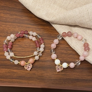 Pink Heart Gemstone Pendant Beaded Bracelet Natural Stone Quartz Crystal Gold Plated Elegant Sweet Jewelry For Women