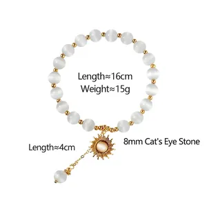 Bracelet en œil de chat perlé avec pendentif tournesol et détails dorés longueur 16cm