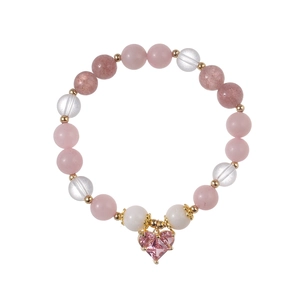 Pink heart crystal bead bracelet with faceted stones and golden metal accents