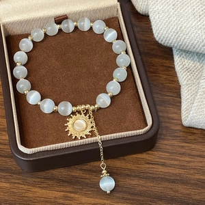 Bracelet En Perles De Pierre Œil De Chat Vintage Avec Pendentif Tournesol Plaqué Or 14K Bijoux Faits Main Pour Femme