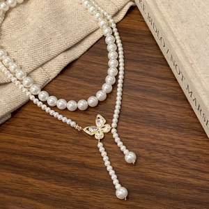 Elegant Butterfly Artificial Pearl Necklace Double Layer Cubic Zirconia Pendant Gold Plated French Vintage Jewelry For Women