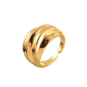 Three-layered pleated ripple gold ring featuring a minimalist adjustable open band design