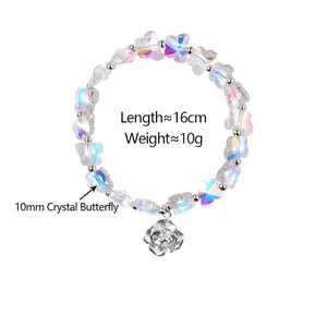 Bracelet papillon en cristal étincelant avec pendentif rose et billes argentées