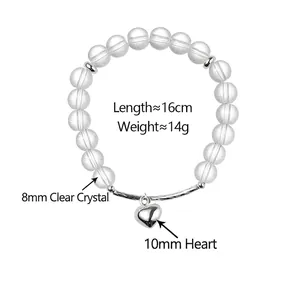 Clear crystal beaded bracelet with silver heart pendant and 16cm length specification