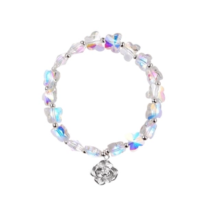 Bracelet cristal coréen élégant avec perles papillon AB et pendentif rose en argent