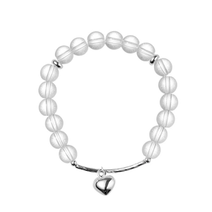 Minimalist frosted crystal beaded bracelet with a polished silver heart pendant and metal tube