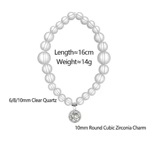 Natural white crystal bead bracelet for women featuring a 10mm geometric zircon pendant