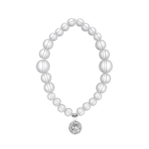 Natural white crystal beaded bracelet with a round zircon pendant on white background