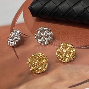 Minimalist Round Woven Texture Copper Stud Earrings Vintage Geometric Gold Silver Electroplated Chic Jewelry Women