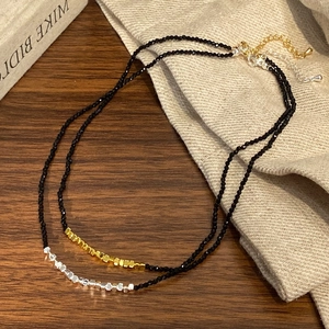 Minimalist Black Crystal Beaded Choker Necklace With Copper Geometric Cubes Adjustable Jewelry For Women