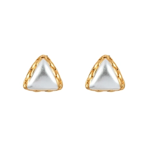 Detail of two-tone triangle earrings featuring silver brushed texture and golden wheat borders