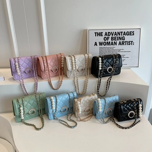 Women Quilted Shoulder Bag Rhombus PU Leather Crossbody Mini Square Purse Artificial Pearl Chain Strap Artificial Pearl Buckle Elegant Style