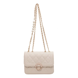 Quilted mini crossbody bag in cream white with pearl chain strap and circular pearl buckle