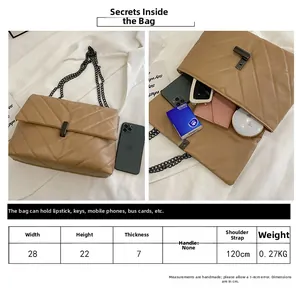 Detailed size chart and dimensions for the vintage quilted flap bag with chain strap