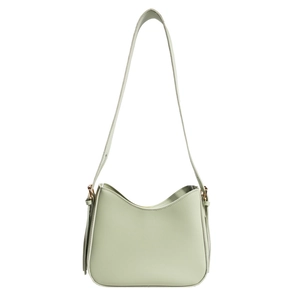 Minimalist pale green PU leather tote bag with stylish tassel and long shoulder strap