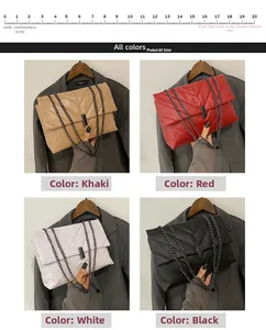 Detailed comparison of quilted leather shoulder bags in khaki, red, white, and black colors