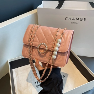 Women Rhombic Quilted Crossbody Bag PU Leather Artificial Pearl Circle Buckle Fashion Metal Chain Strap Shoulder Handbag