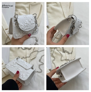Detailed four-way view of white jacquard mini handbag with floral relief and chain strap
