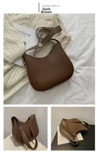 Detailed views of dark brown smooth PU leather hobo bag with silver adjustable buckle