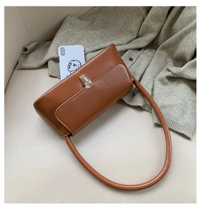 Brown rectangular baguette bag with gold metal buckle clasp and slim shoulder strap