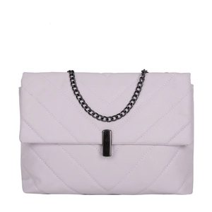 Lavender quilted shoulder bag with classic V-stitch pattern and dark grey chain strap