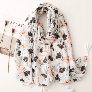 Écharpe Femme Rétro Ethnique Imprimé Floral Longue Châle Toucher Coton Lin Avec Glands Doux Élégant Écharpe Légère