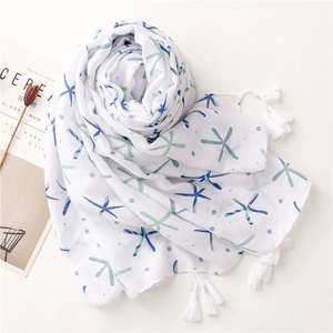 Breathable cotton scarf with blue starfish print and soft tassels for beach resort wear