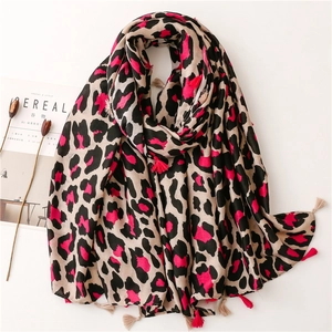 Leopard Print Scarf For Women Satin Cotton Feel Rose Red Large Animal Pattern Long Wrap With Tassels Fashion Neck Scarf