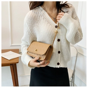 Detail of a beige quilted square bag with gold metal chain strap and twist lock clasp