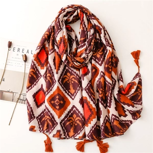 Sciarpa Lunga Con Stampa Geometrica Boema Donna Stile Etnico Nappine Morbido Tocco Cotone Lino Protezione Solare Scialle Da Spiaggia