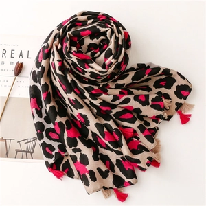 Chic leopard print long scarf with tassels in rose red and beige soft fabric