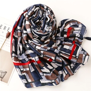 Geometric color block cotton linen scarf with soft tassels and red stripes accents