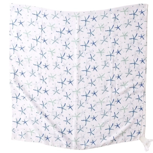 Floral cotton linen scarf with blue starfish prints and soft white fringe tassels